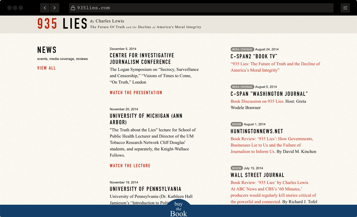 Screenshot of 935lies.com: Book website for author Charles Lewis DC
