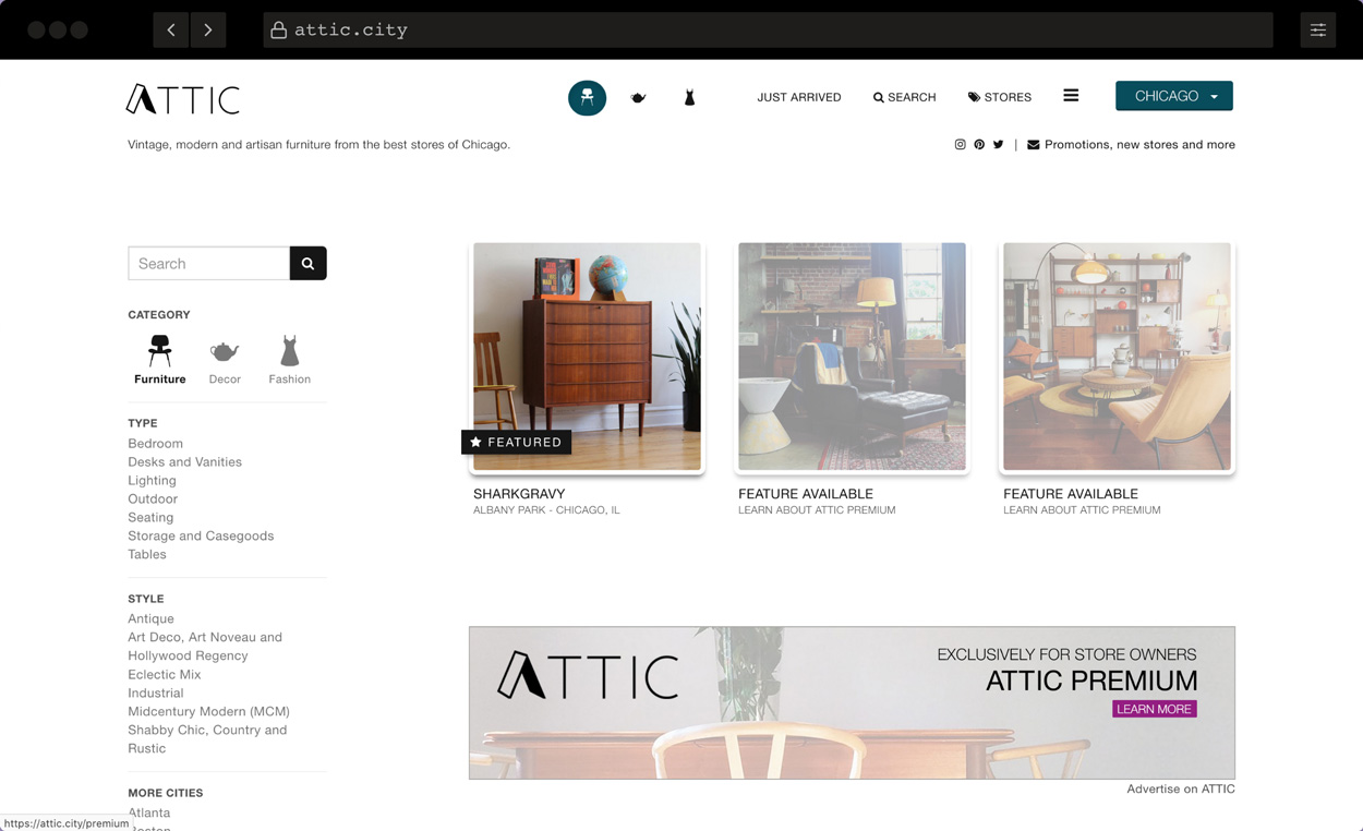 Screenshot of ATTIC Website: Furniture, Home Decor and Fashion Search Engine