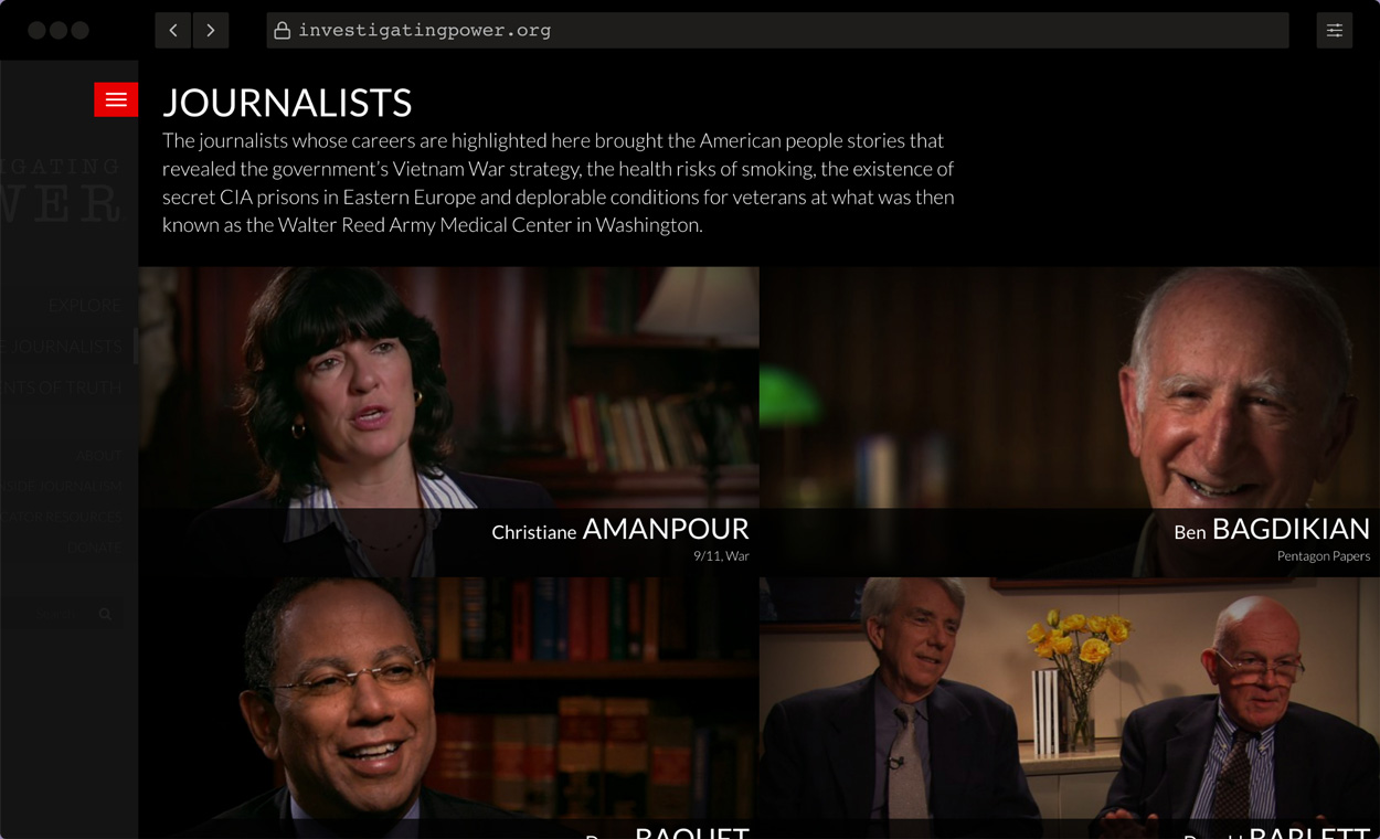 Screenshot of Investigating Power: WordPress website about journalism for American University in Washington DC