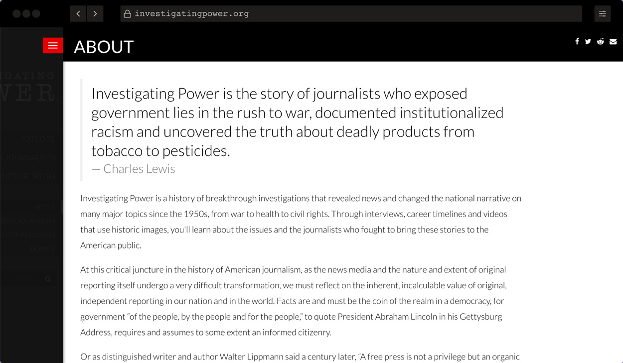 Screenshot of Investigating Power: WordPress website about journalism for American University in Washington DC